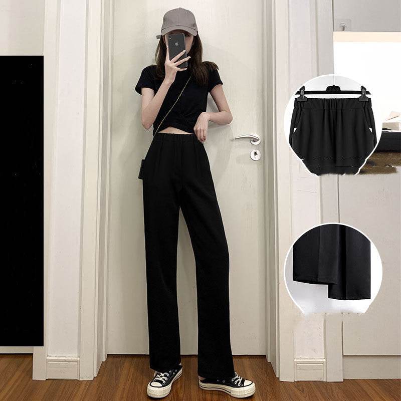Summer Thin Mopping High Waist Drape Black Wide-leg Trousers - Velora