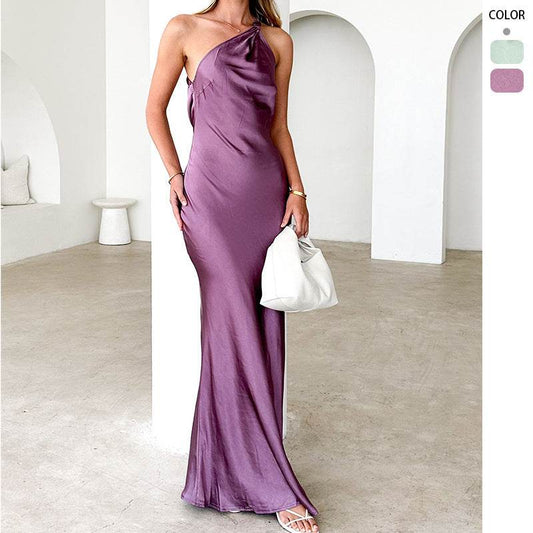 Trendy Sexy Diagonal Collar Sling Fashion Backless Dress - Velora