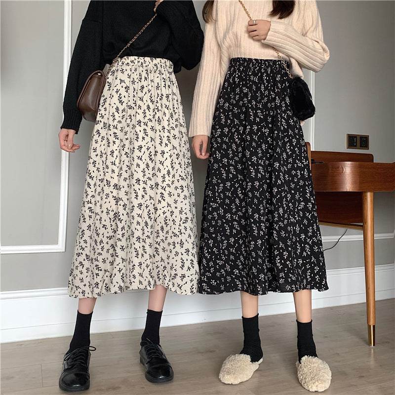 Casual Floral New Fresh High Waist Slimming Korean-style Midi A- Line Skirt - Velora