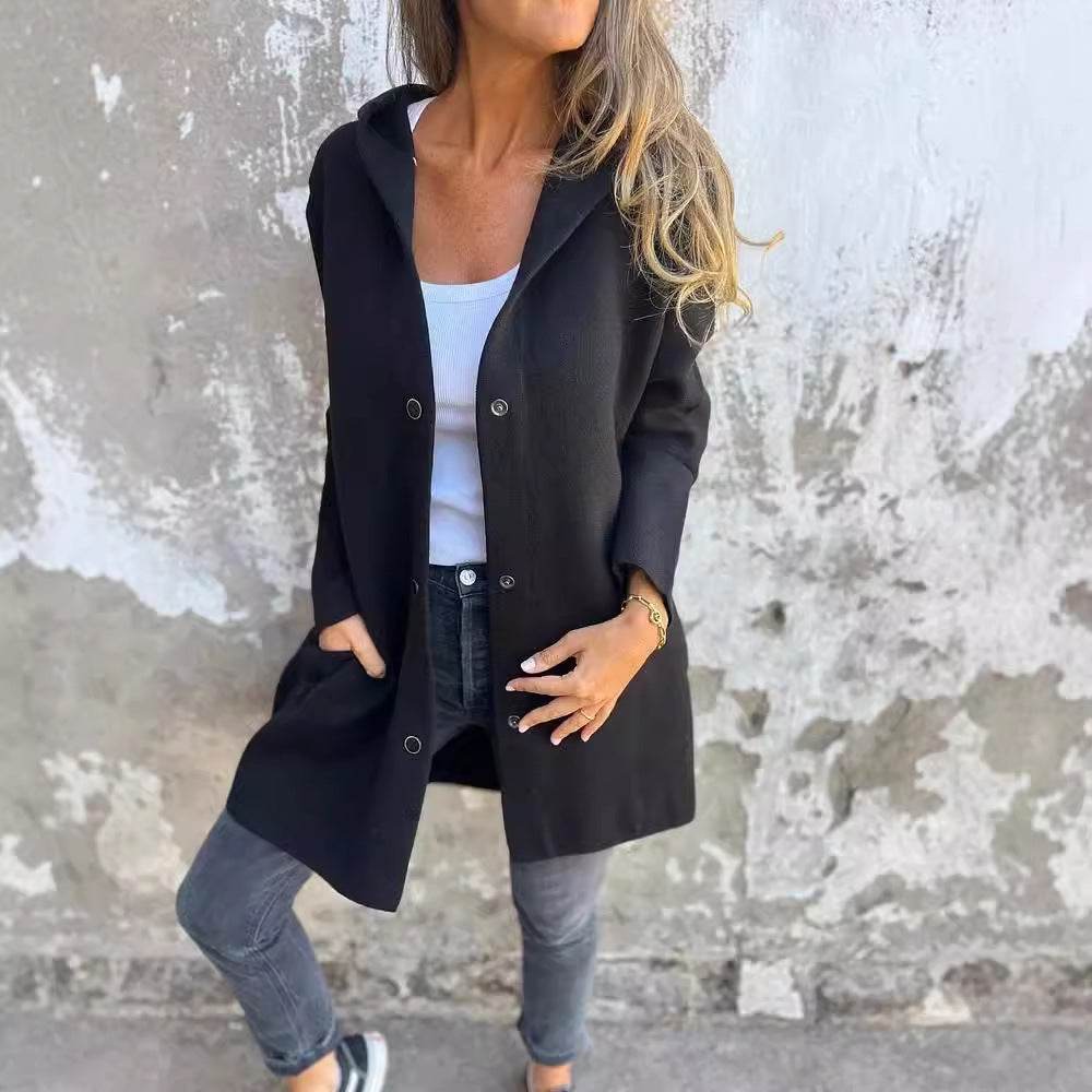 Casual Hooded Single-Breasted Cardigan Fashion Loose Solid Color Jacket Spring And Autumn Women's Clothing - Velora