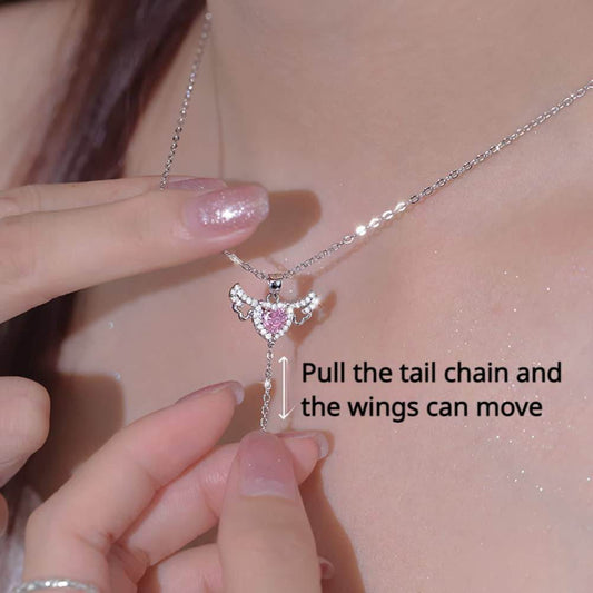Moving Cupid Heart Angel Wings Tassel Necklace With Crystal Clavicle Chain Women Jewelry Gift Valentine's Day - Velora