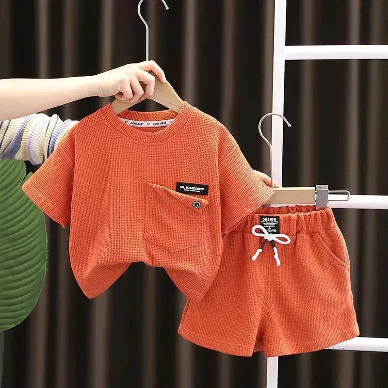 Children's Summer Clothing Casual Plain color Cotton Short Sleeve shirt and Short pant Two-piece Set - Velora