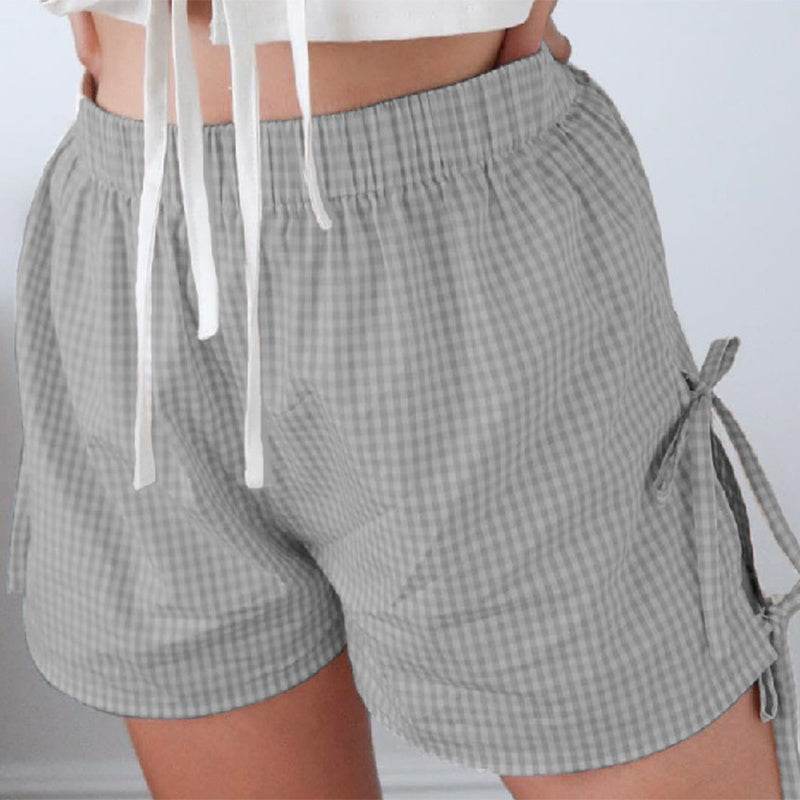 Loose Plaid Print Shorts With Lace-up Design Summer Fashion Y2K Elastic Band Pants For Women - Velora