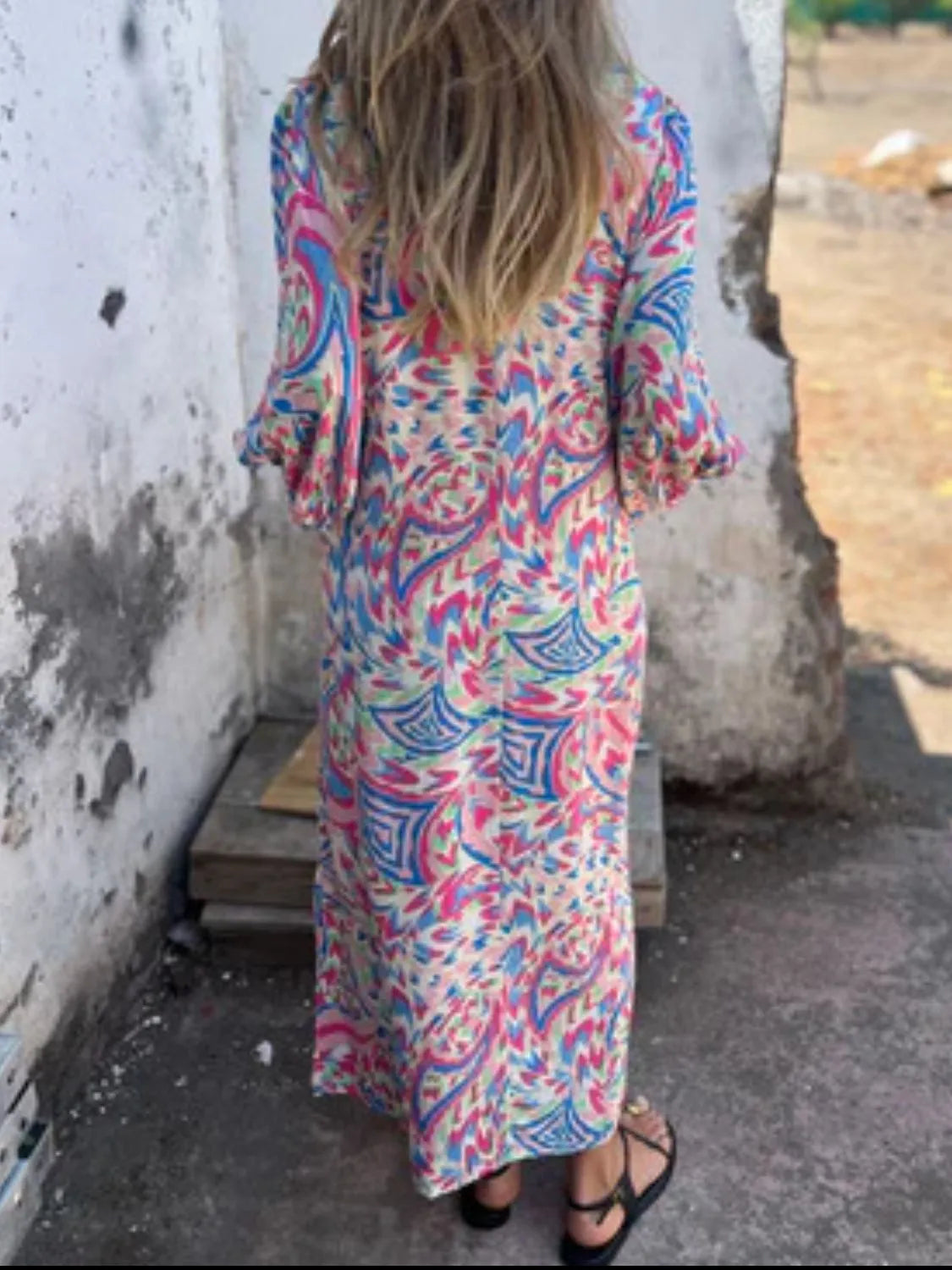 Full Size Printed V-Neck Dress with Pockets Plus Size - Velora