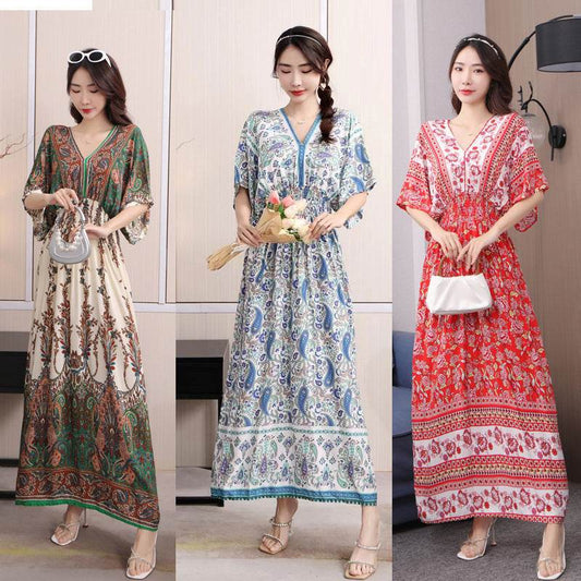 Cotton Silk Floral Dress Women's Summer Ethnic Style V-neck Short Sleeve Pastoral Style Skirt - Velora