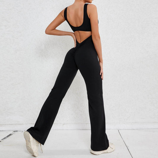 Hollow Back Workout Jumpsuit Sports Athleisure Yoga Wide Leg Jumpsuit - Velora