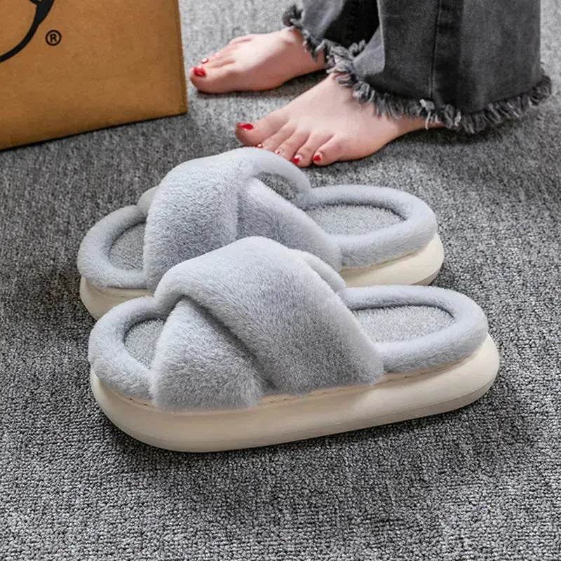 Women's Platform Fuzzy Home Slippers Winter Open Toe Criss-cross Solid Color Casual Floor Slides Indoor Flat Comfy House Shoes - Velora