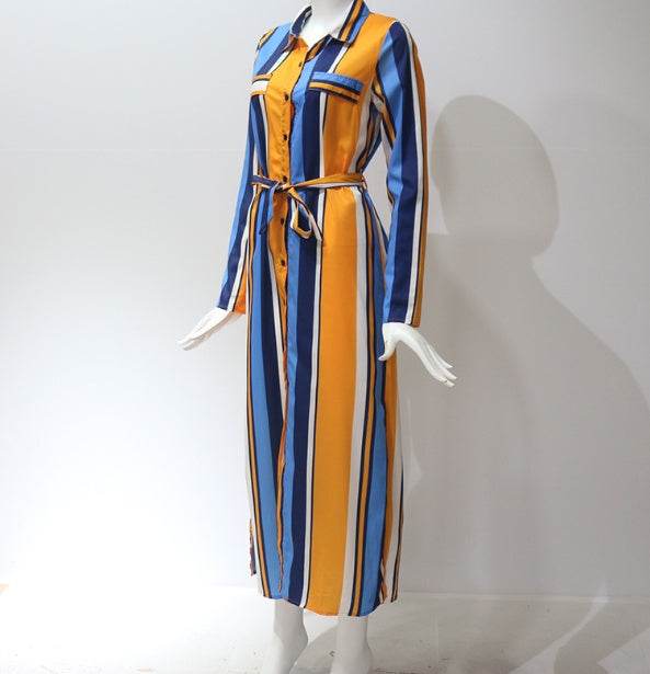 Stripe Shirt Women's Dress Spring Summer Chiffon V-neck Sexy Maxi Dresses Sexy Elegant Casual Girl Lace Women Long Sleeve - Velora