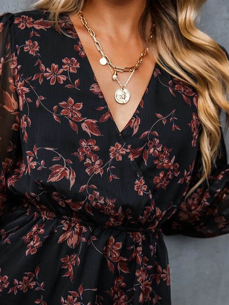 Casual V-neck Summer Spring Long Sleeve Floral mini Chiffon Dress - Velora