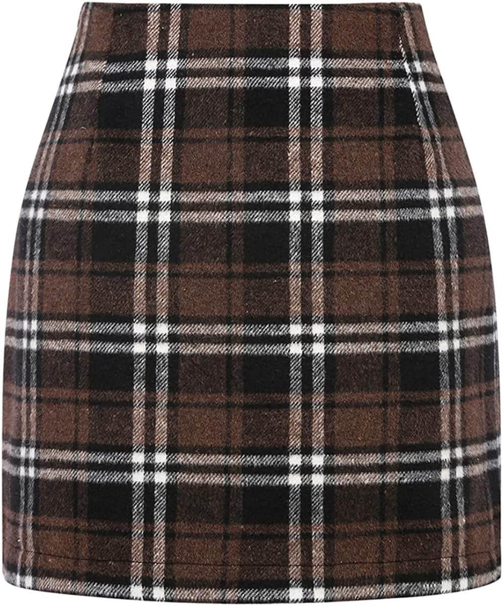 Women's High Waist Plaid Tight Pencil Wool Mini Skirt - Velora