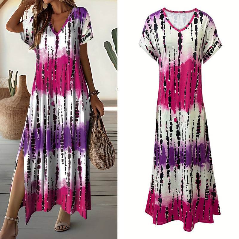 Women's Summer Tie Dye Maxi Dress Short Sleeve V Neck Casual Loose Long Split Dresses - Velora
