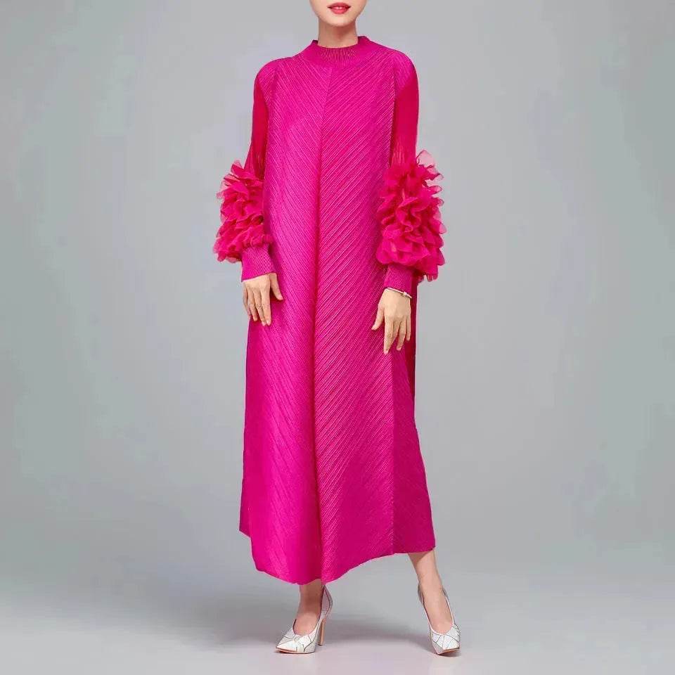 Middle East Plate Flower Loose Plus Size Pleated Extended Dress Oganza Long Sleeve Maxi Dress for Occasional events - Velora
