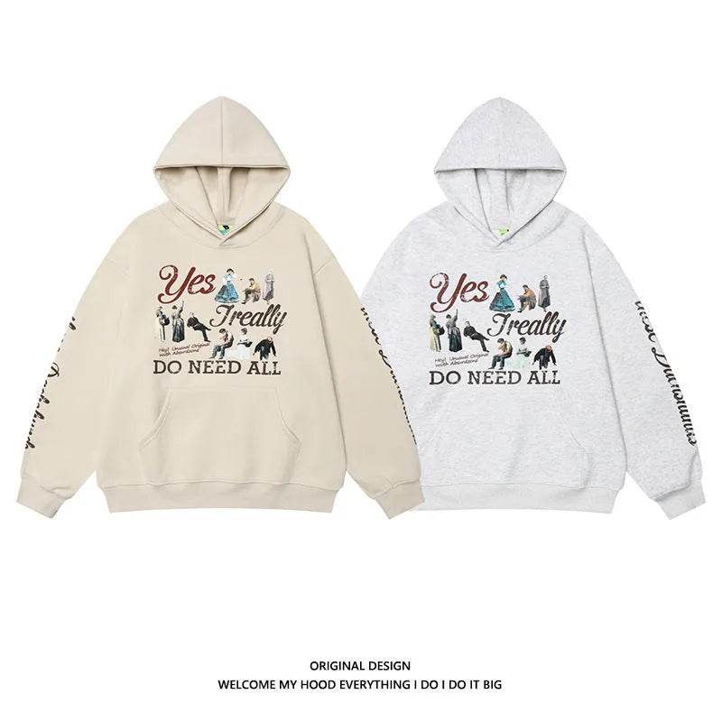 American Retro Washed Distressed Cartoon Letter Print Pullover Hoodie Sweatshirt - Velora