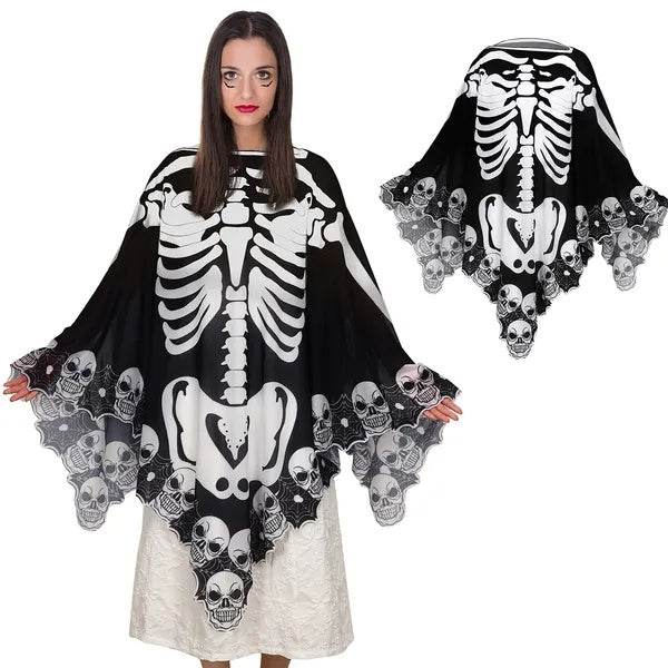 Halloween Skeleton Poncho Skull Bones Lace Skeleton Cape Shawl Halloween Costume Day Of The Dead Poncho For Halloween Horror Theme Trick Or Treat Birthday Party - Velora