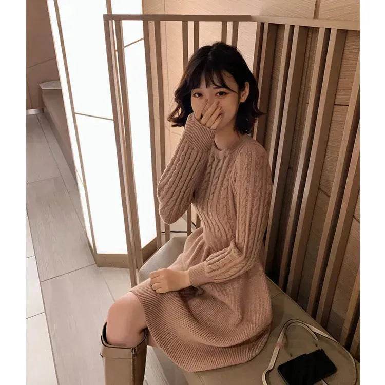 Autumn Winter Knitted Slim Fit Round neck Mini Flared Sweater dress - Velora