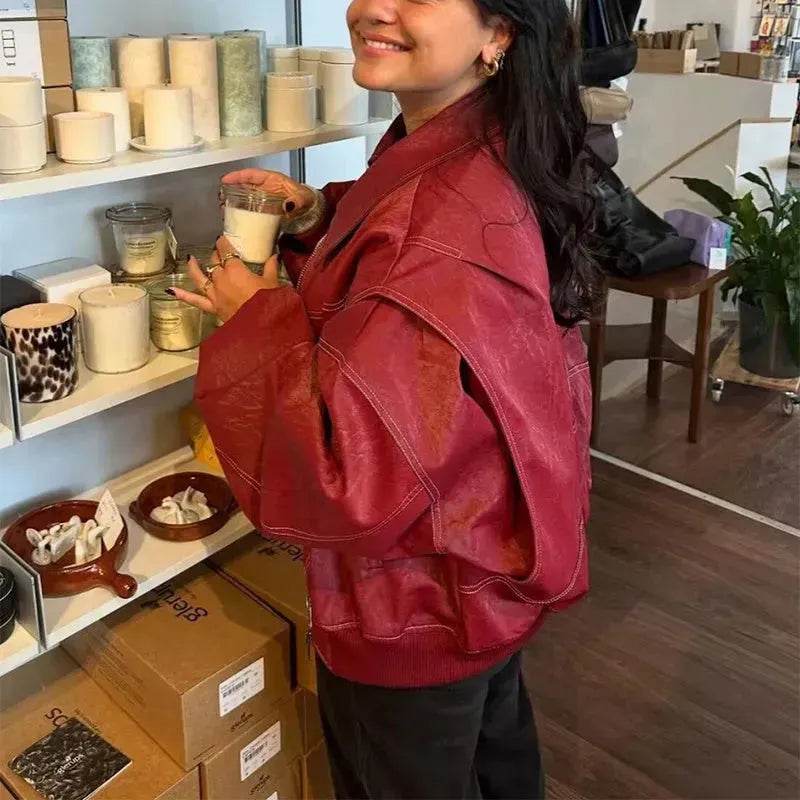 Oversized Fashion Zip-up Lapel Leather Jacket for women - Velora