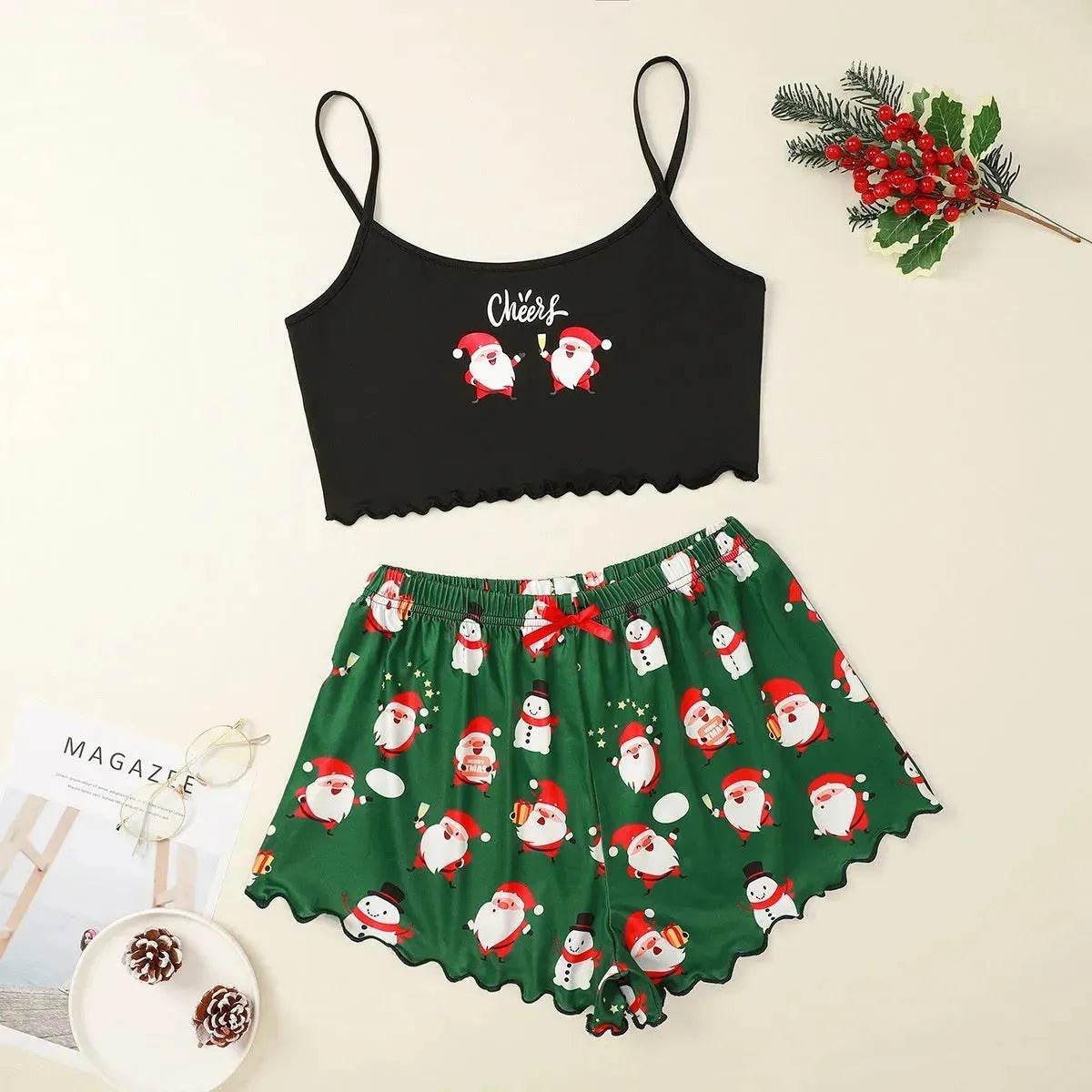 Christmas European And American Thin Pajamas Women's Sleeveless Shorts Milk Silk Simple Casual Two-piece Suit Homewear - Velora