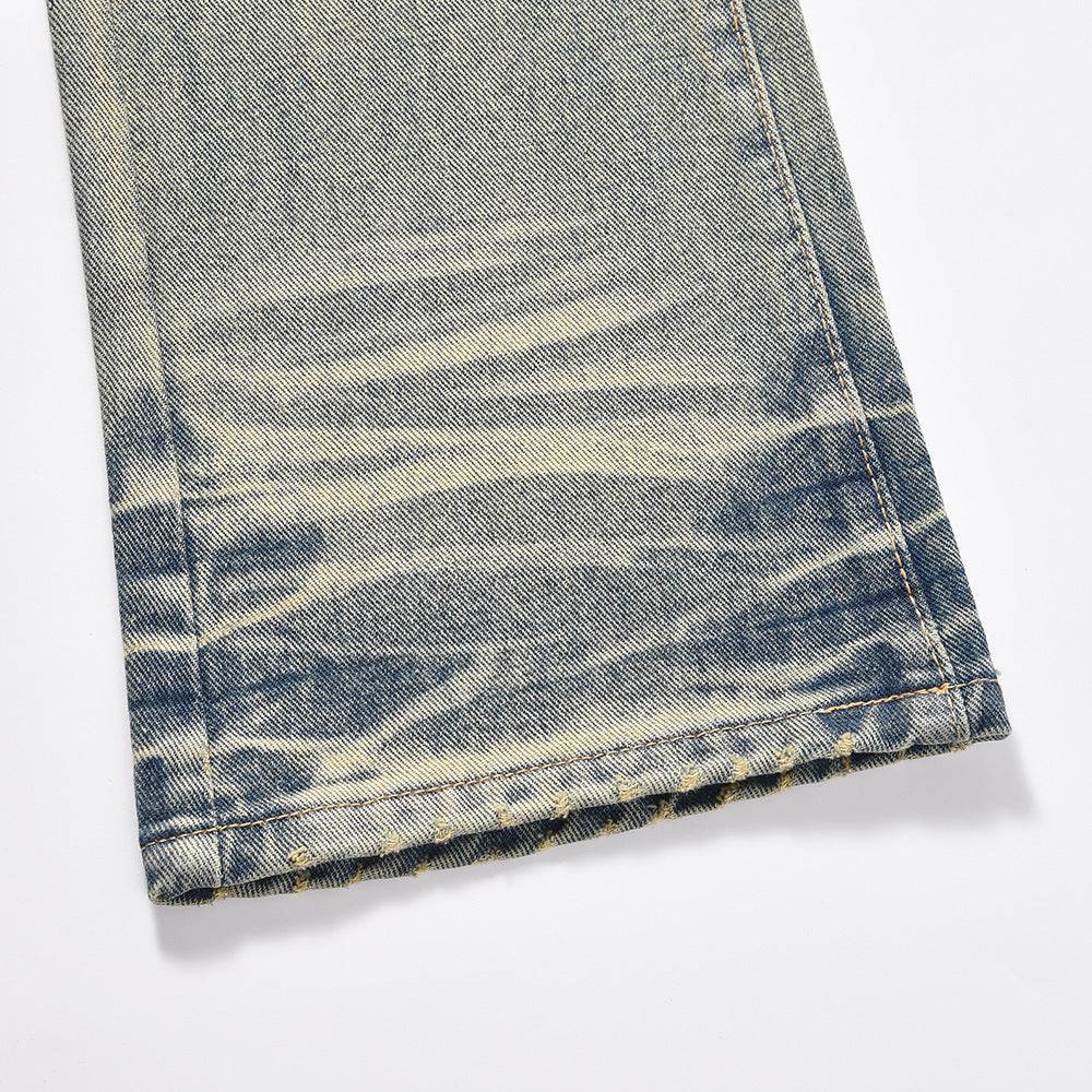 Distressed Scratches Denim Straight-leg Pants Men Jeans