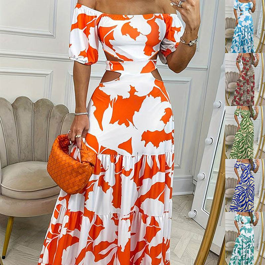 Printed One-line Collar Short-sleeved Long Dress With Hollow Waist Design Summer Vacation Dresses For Women Clothing - Velora
