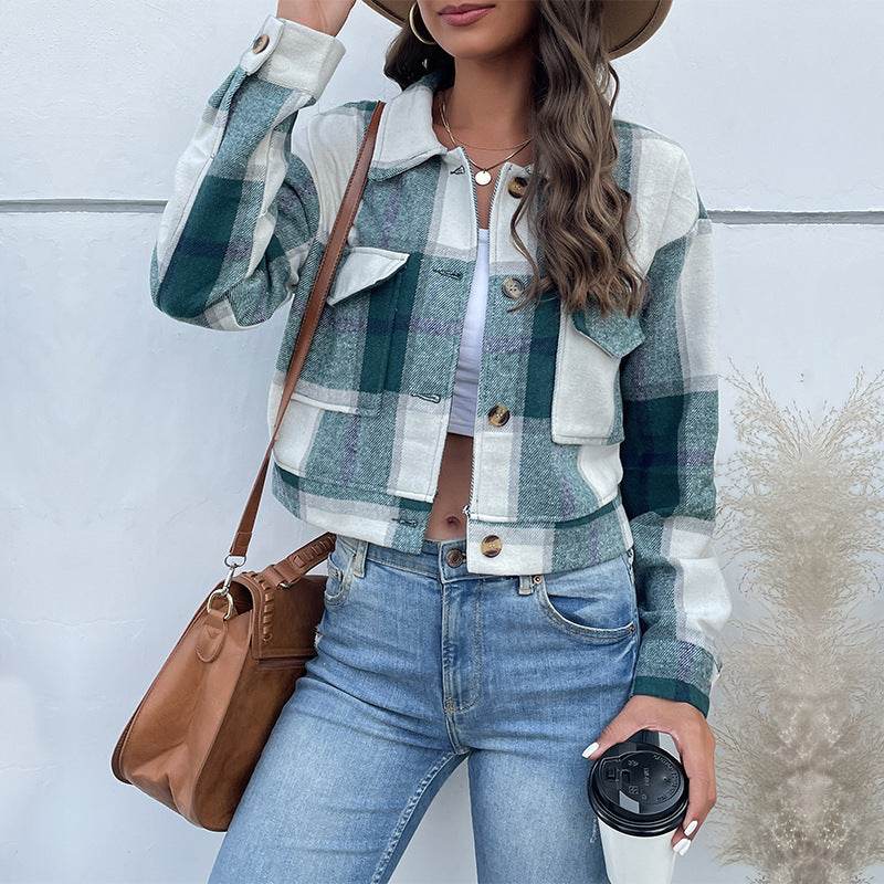 Plaid Lapel Cropped Jacket With Pockets Fashion Button Long Sleeve Short Outwear Tops Coat For Womens Clothing - Velora