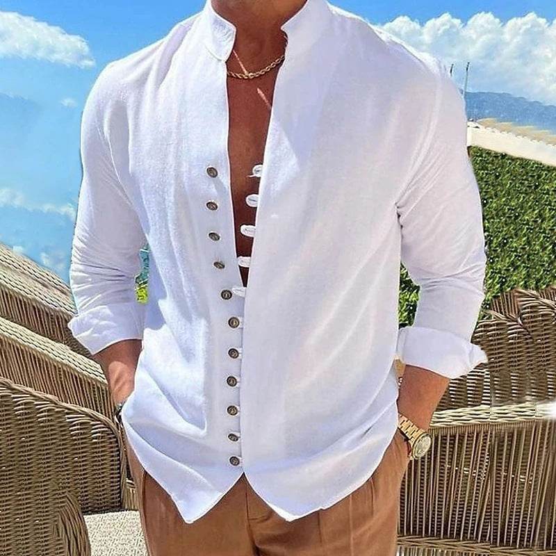 Retro Button Design Long-sleeved Shirt Men's Casual Loose Top Mens Clothing - Velora