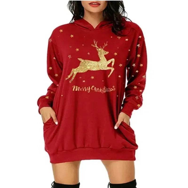 Christmas hot sale printed mid-length pocket hooded long-sleeved sweater - Velora