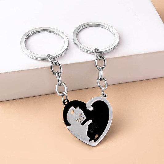 Love Heart Black White Cats Stainless Steel Couple Keychains - Velora