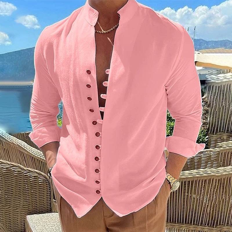 Retro Button Design Long-sleeved Shirt Men's Casual Loose Top Mens Clothing - Velora