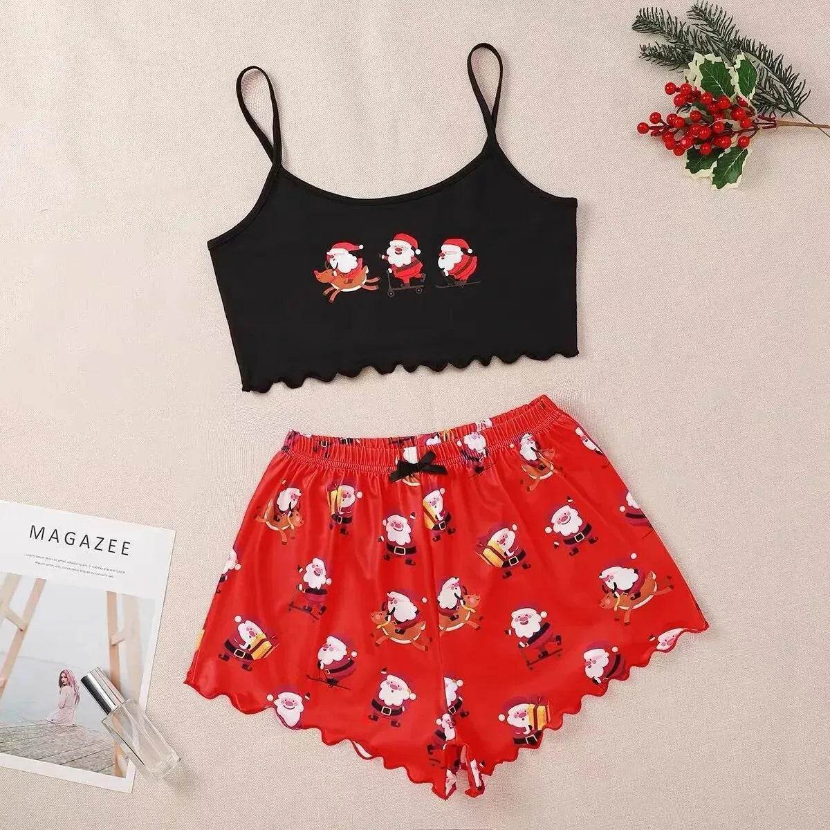 Christmas European And American Thin Pajamas Women's Sleeveless Shorts Milk Silk Simple Casual Two-piece Suit Homewear - Velora