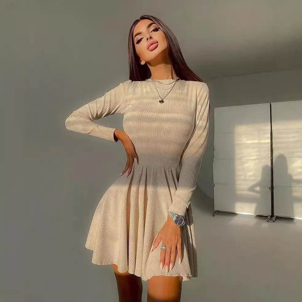 Y2K Long-sleeved Party Club Dress Solid Color Round Neck A-line Mini Skater Dress - Velora