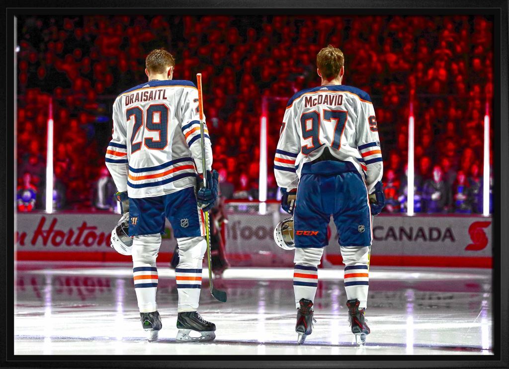 Connor McDavid and Leon Draisaitl Edmonton Oilers Framed 20x29 Line-Up Canvas Frameworth Sports Marketing