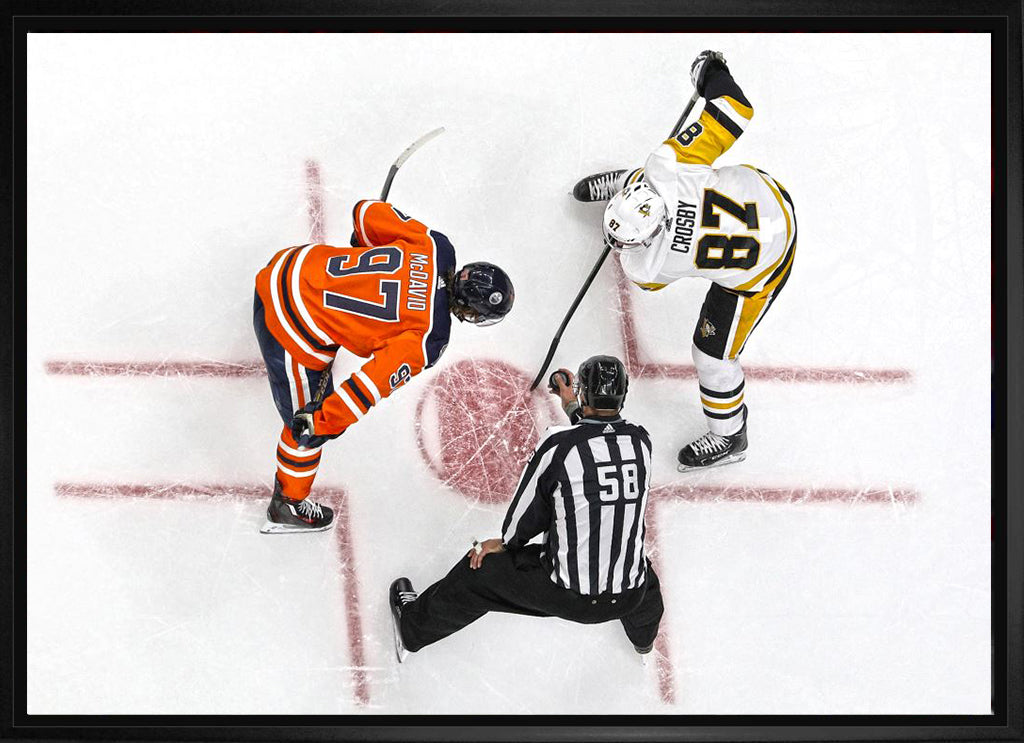 Connor McDavid and Sidney Crosby Framed 20x29 Overhead Face-off Canvas Frameworth Sports Marketing