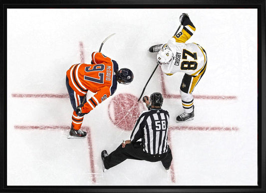Connor McDavid and Sidney Crosby Framed 20x29 Overhead Face-off Canvas Frameworth Sports Marketing