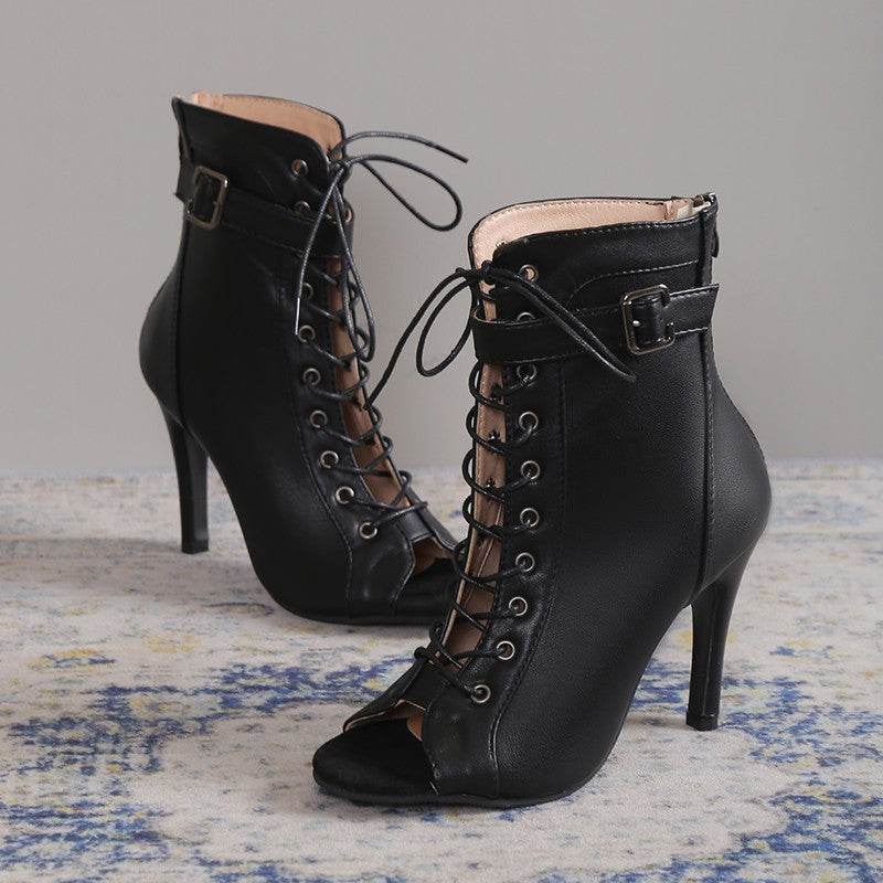 Women's Peep Toe High Heel Pumps Shoes Fashion Lace-up Buckle Sandals With Back Zipper Design - Velora
