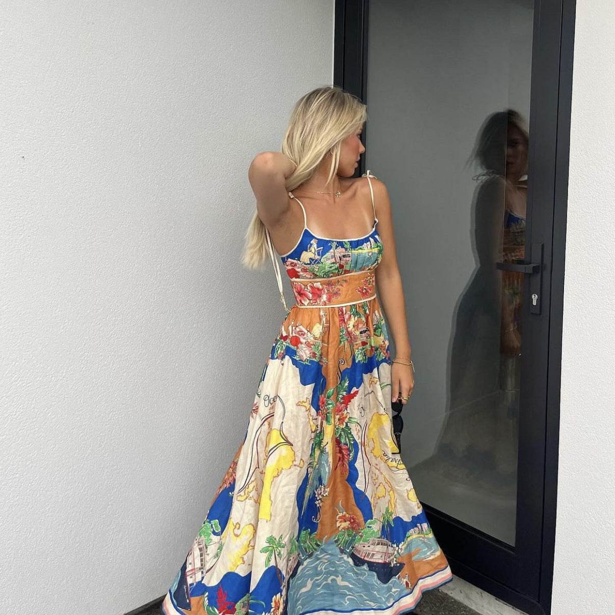 Elegant Ladies Spaghetti strap Vacation Resort Boho Floral Summer Maxi dress - Velora