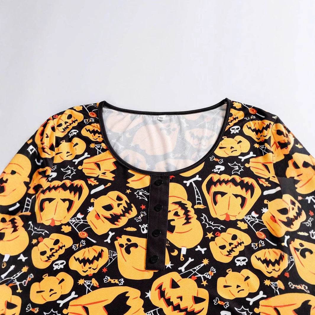 Halloween Printed Round Neck Long Sleeve Plus Size Dress - Velora