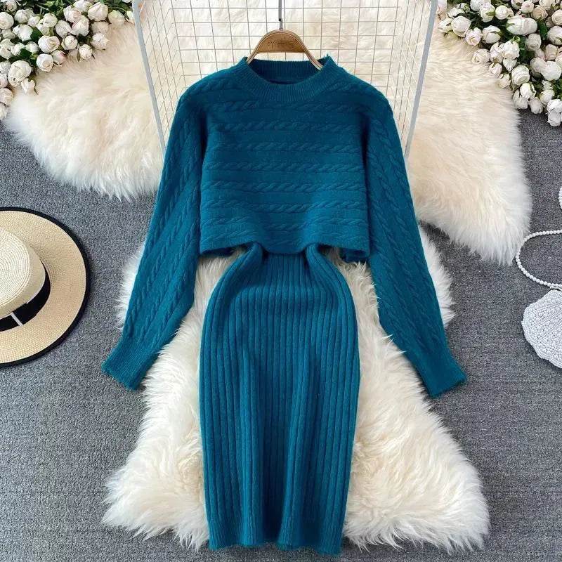 Autumn Winter Sassy Woolen Knitted Two Piece Midi Sweater Dress Outfit set - Velora
