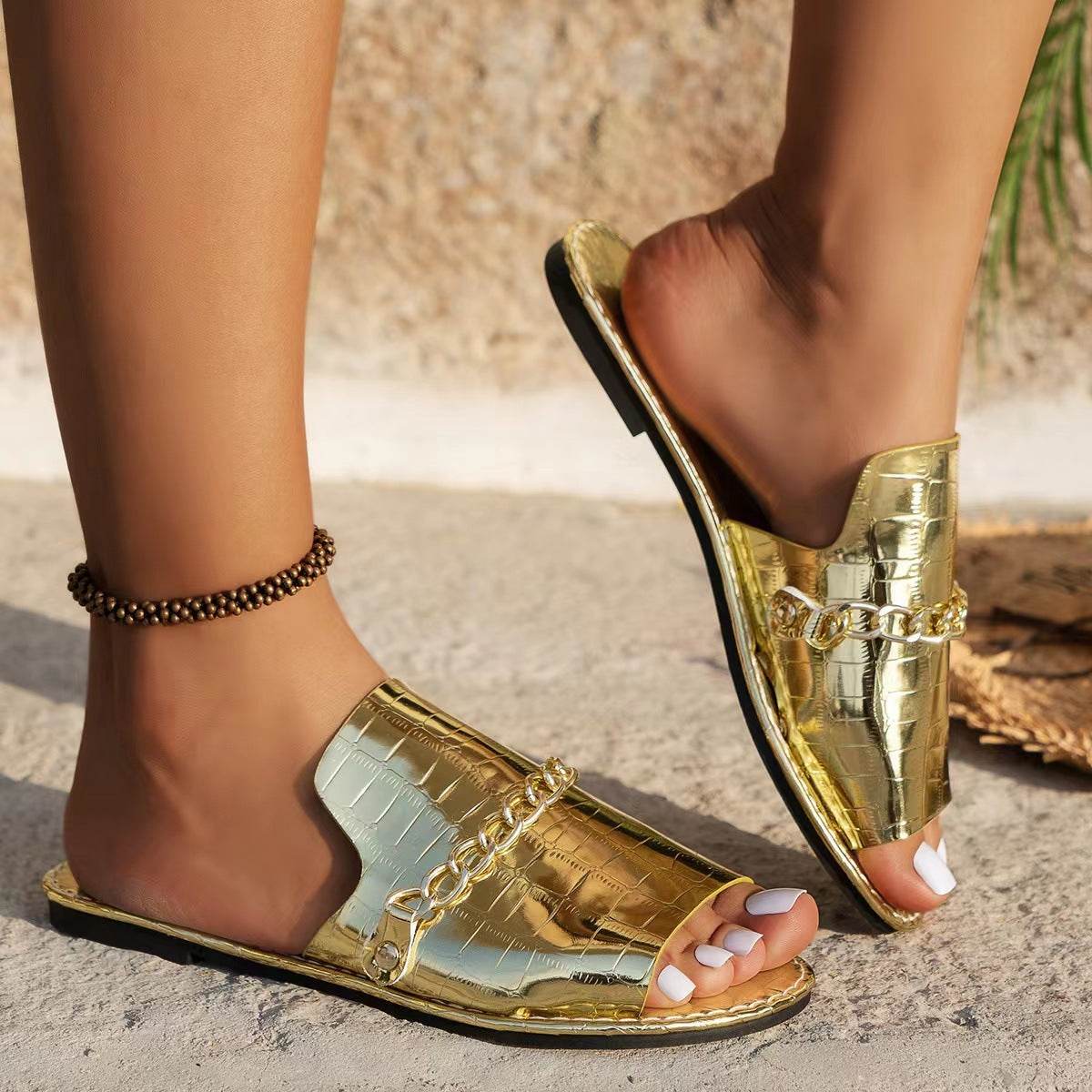 Pattern Chains Sandals Summer Fish Mouth Flat Slides Shoes Women Casual Vacation Beach Slippers - Velora