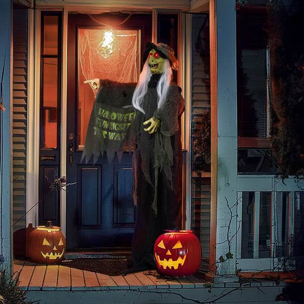 6ft Eye Red Light Vibration Witch Sound Voice Control, Standing Guiding Witch, Battery Model - Batteries Not Included, Halloween Standing Decoration - Velora