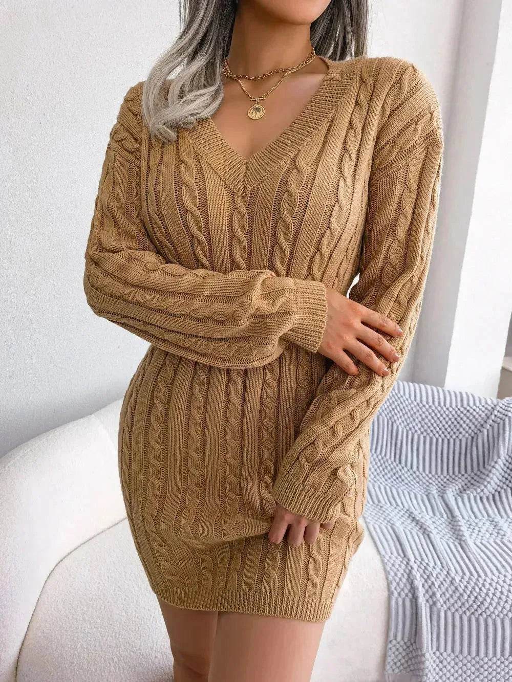 Solid Color V-Neck Long Sleeve Slim fit Winter Knit Mini sweater Dress Slim - Velora