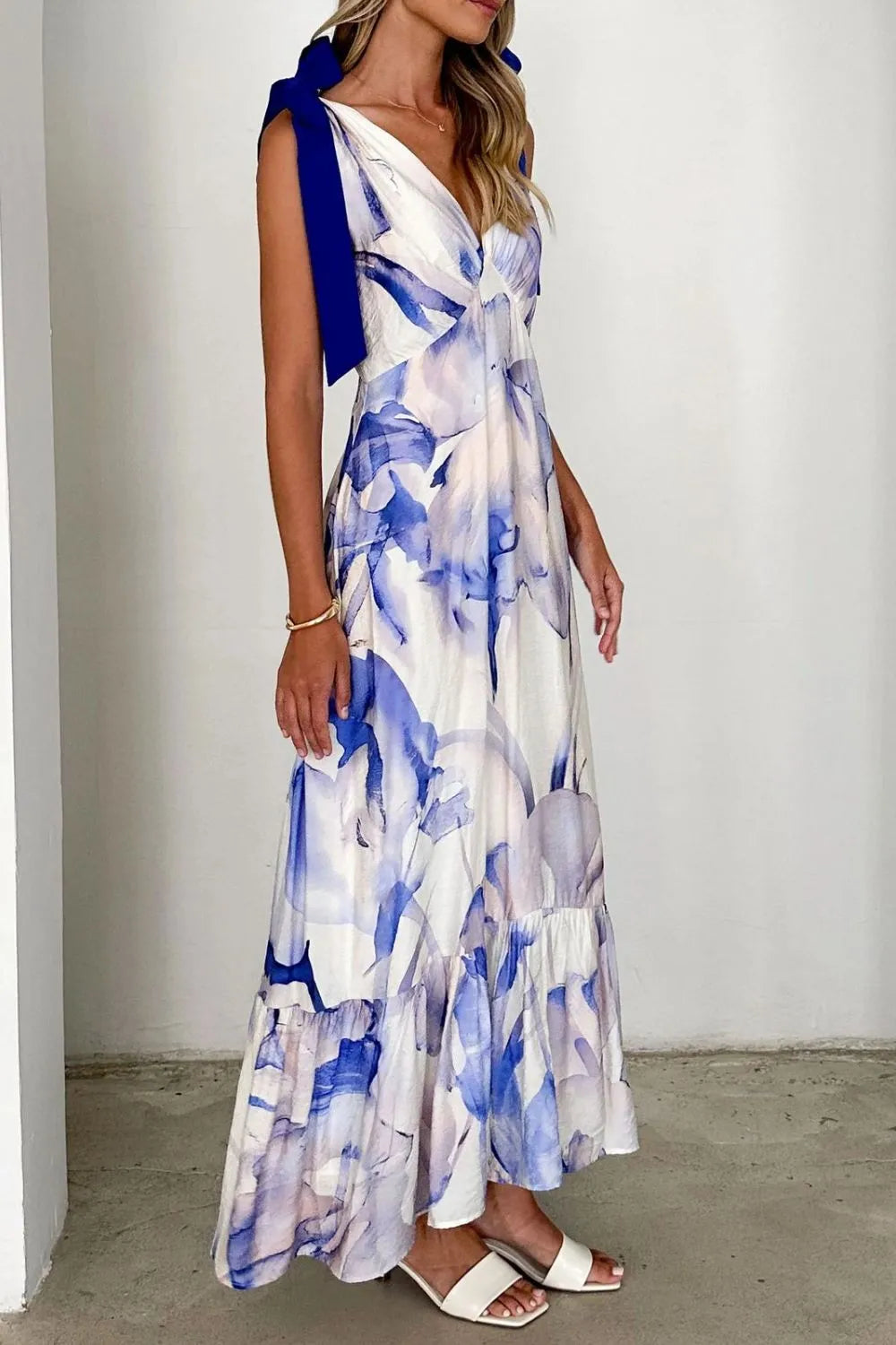 Printed V-Neck Tie Shoulder Midi Cami Dress - Velora