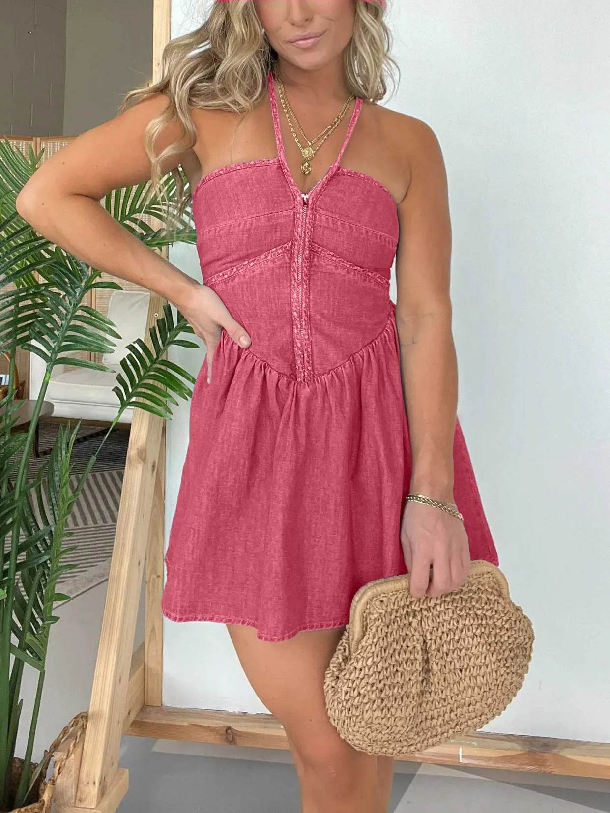 Fashion Women's Halter Denim Mini Flared Dress