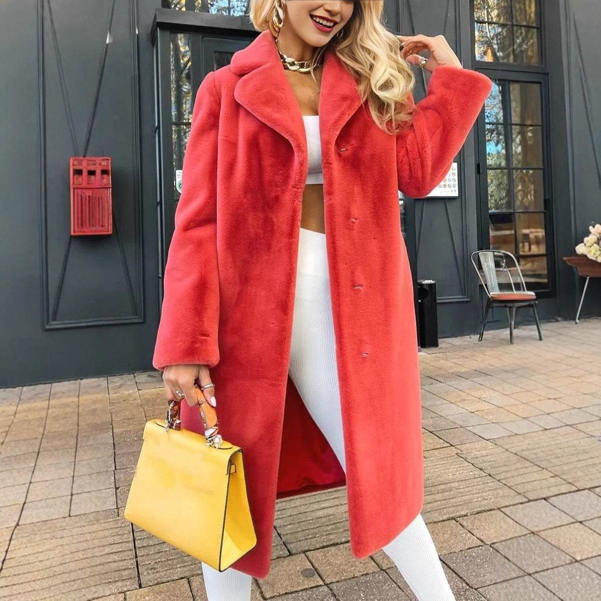 Women's Fashionable Elegant Lace-up Turn-down Collar Plush Long Coat - Velora