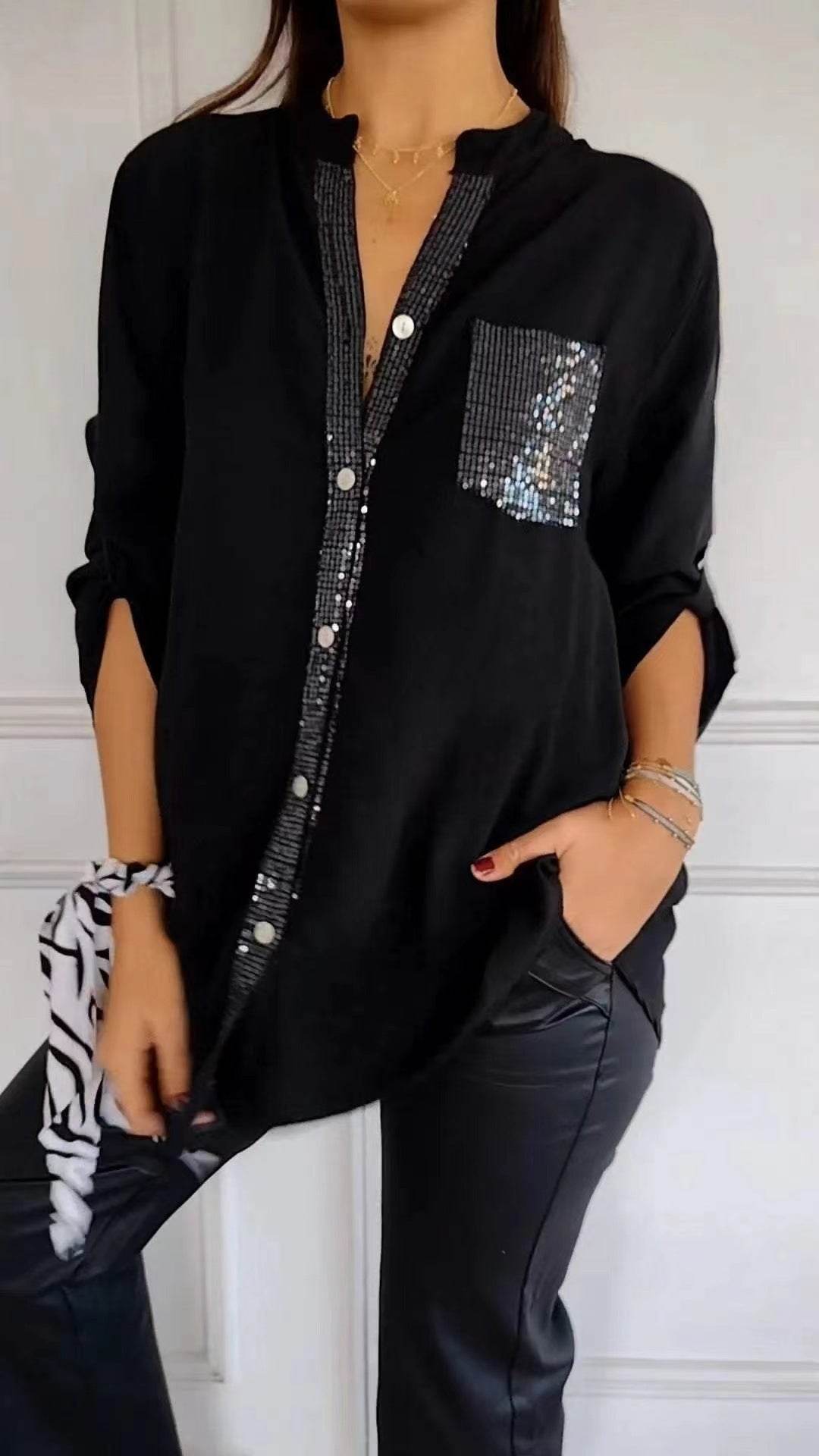 Casual Button-down Long Sleeve Shirt With Sequin Pocket Design Fashion Commuter Top Women Clothing - Velora