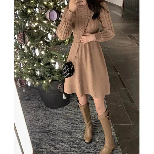 Autumn Winter Knitted Slim Fit Round neck Mini Flared Sweater dress - Velora