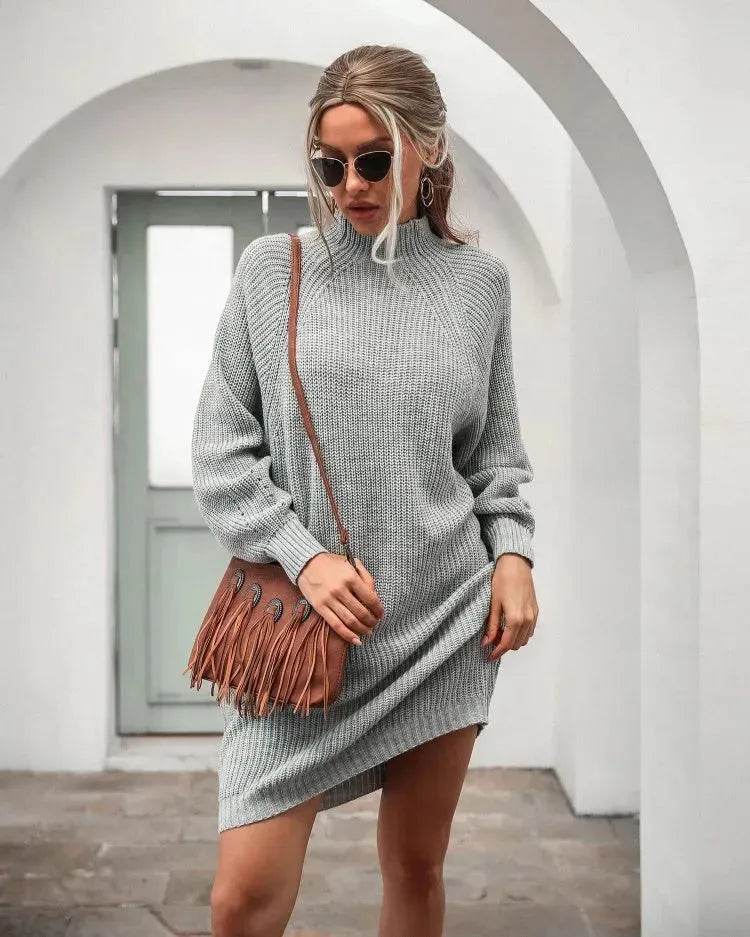 Winter Solid Knitted turtleneck sweater dress Mini - Velora