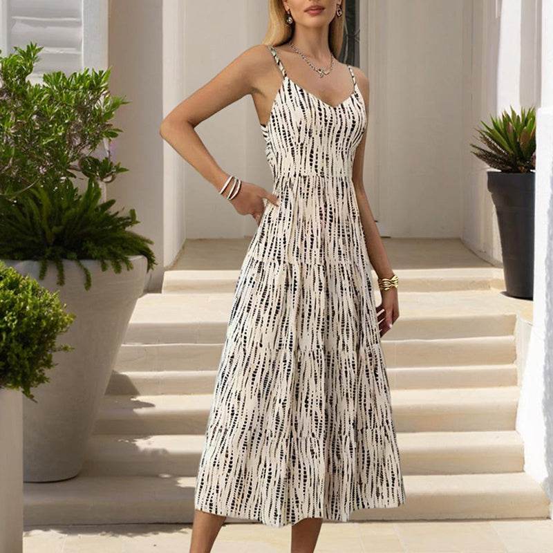 Women's Striped V-Neck Backless Tie Strap Beach Dress - Sexy Elegant Summer Maxi Dress - Velora