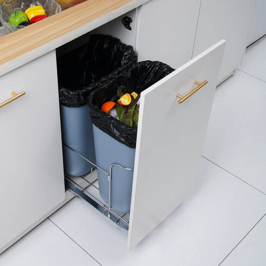 Pull-Out Trash Can, 35Lx2 Double Bins, Under Mount Kitchen Waste Container With Slide And Door Mounting Kit, 110 Lbs Load Capacity Heavy Duty Garbage Recycling Bin For Kitchen Cabinet, Sink - Velora