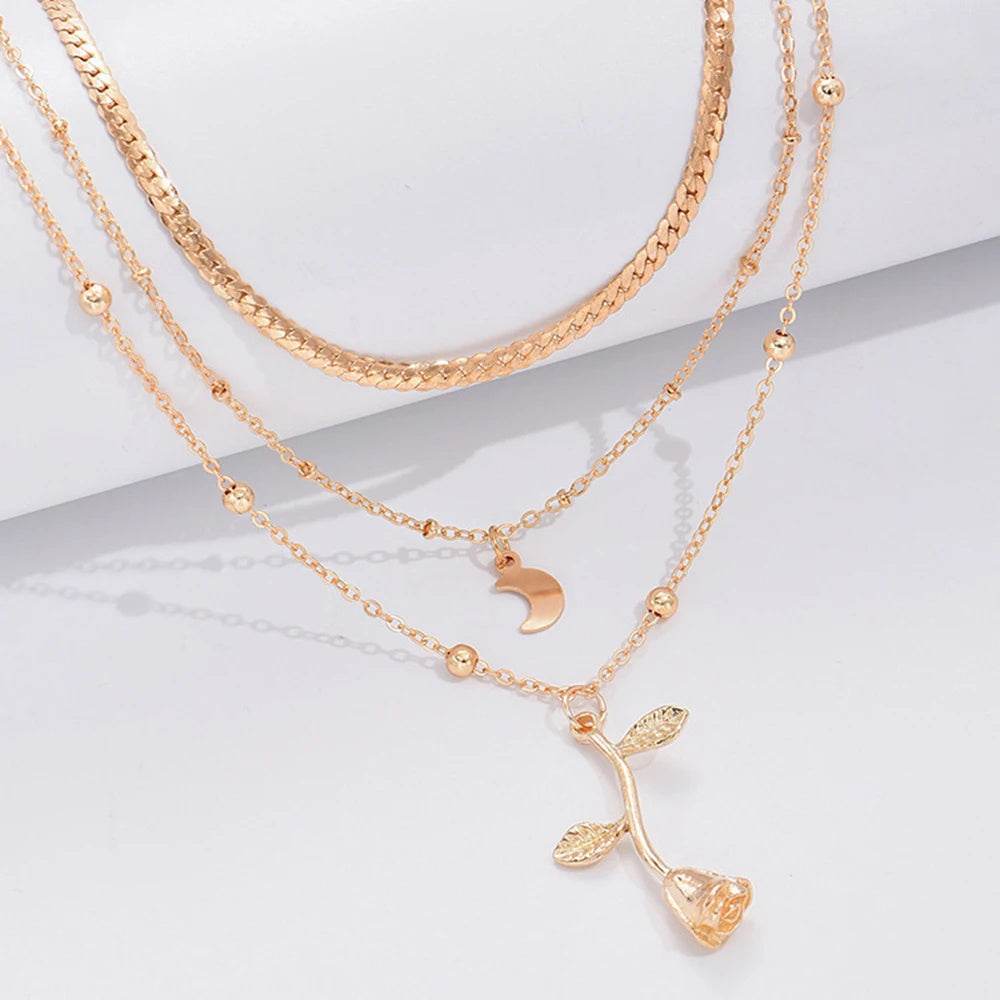 Bohemia Multilayer Moon Gold Color Pendant Necklaces For Women Rose Flower Choker Necklace 2025 Fashion Jewelry Party Gift Valentine's Day Gifts - Velora