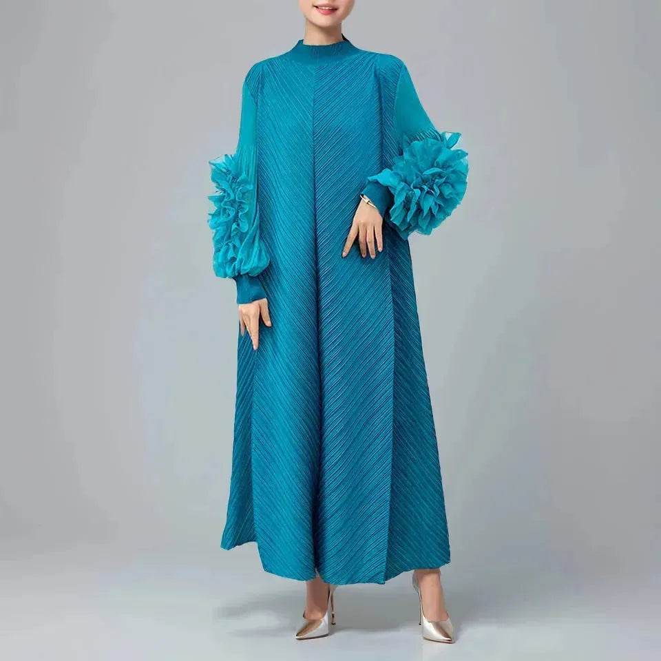 Middle East Plate Flower Loose Plus Size Pleated Extended Dress Oganza Long Sleeve Maxi Dress for Occasional events - Velora